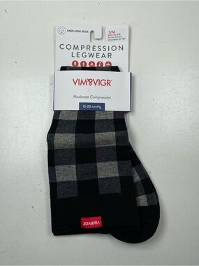 NEW VIM & VIGR Cotton Compression Socks S/M 15-20 mmHg Gray Plaid Knee High